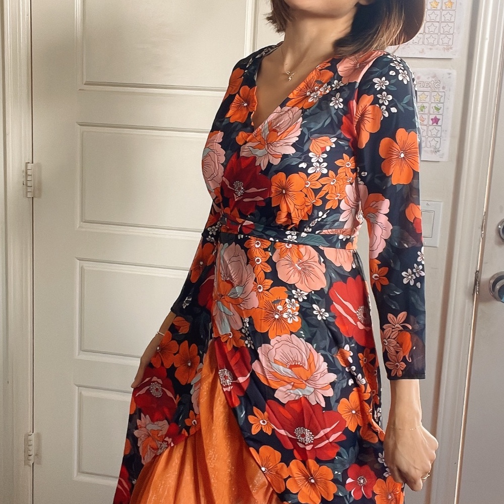 Boho Floral Print Asymmetrical Ruffle Hem Belted Maxi Dress - Picture 5 of 12